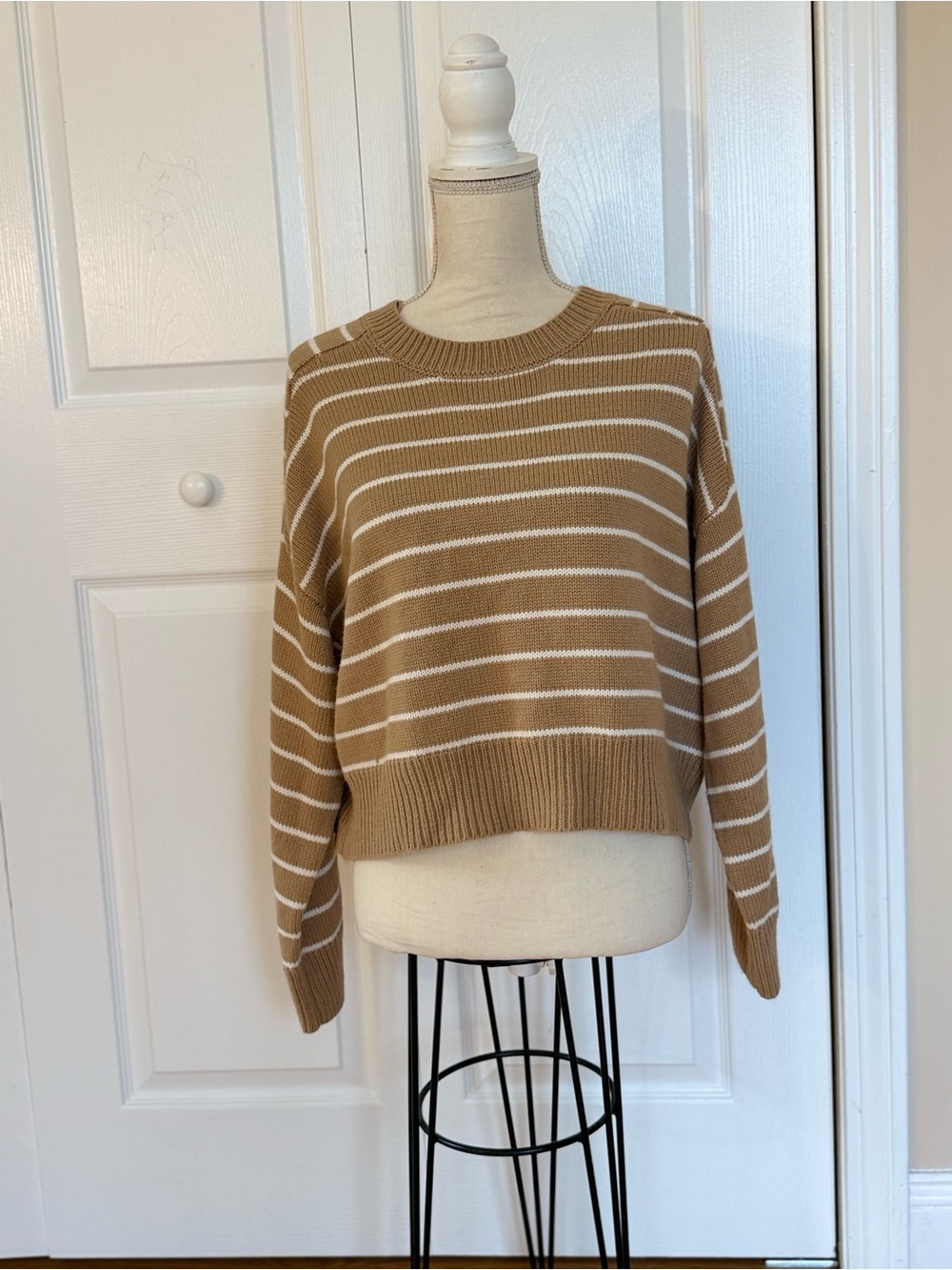 Tahari Tan and White Striped Crewneck Sweater